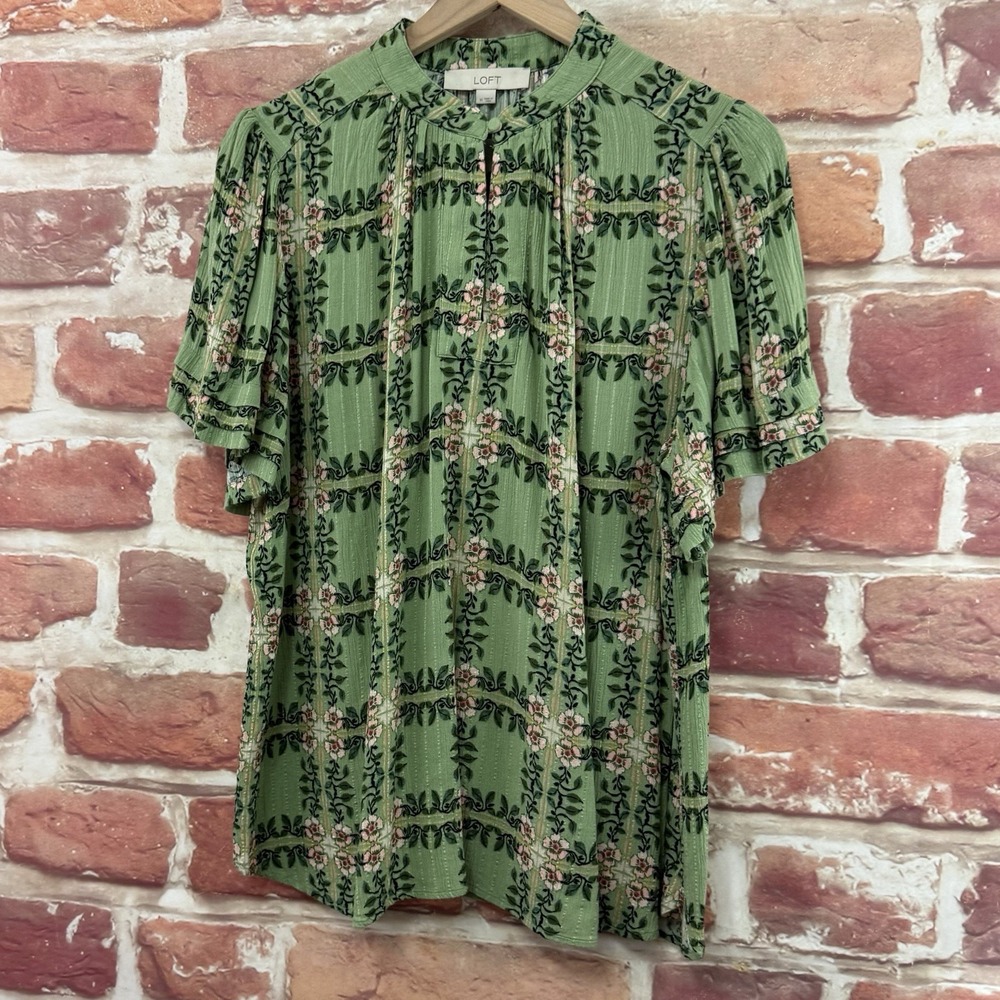 Ann Taylor Loft Top Womens Medium Green Chic Garden Floral Plaid Casual Shirt - Picture 3 of 9